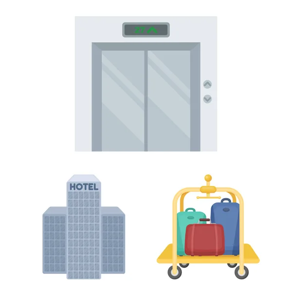 Ícones de desenhos animados de hotel e equipamentos em coleção de conjuntos para design. Hotel e conforto vetor símbolo web ilustração . — Vetor de Stock