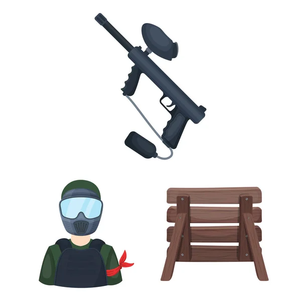 Paintball, ícones de desenhos animados de jogo de equipe na coleção de conjuntos para design. Equipamento e equipamento símbolo vetorial ilustração web estoque . —  Vetores de Stock