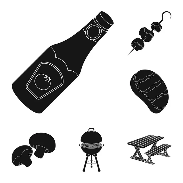 Barbecue et équipement icônes noires dans la collection set pour le design. Picnic and fried food vector symbol stock web illustration . — Image vectorielle