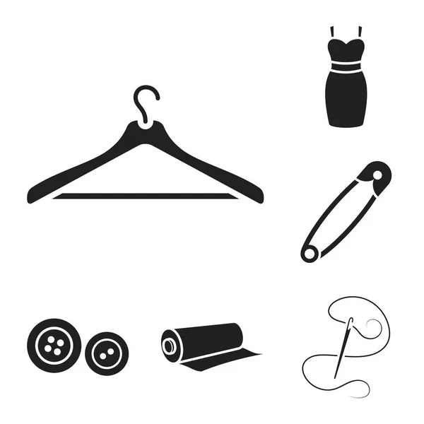 Ателье и пошив черной одежды в коллекции для дизайна. Оборудование и инструменты для шитья векторных символов . — стоковый вектор