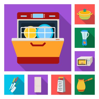 Mutfak ekipmanları set koleksiyonu tasarım için düz simgeler. Sembol stok web illüstrasyon vektör mutfak ve aksesuarları.