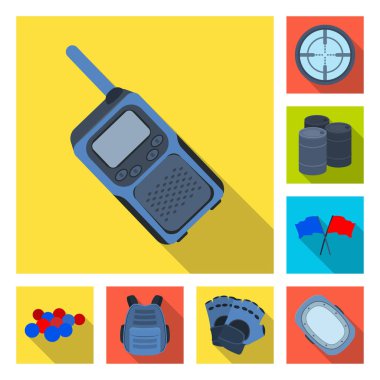 Paintball takım set koleksiyonu tasarım için oyun düz simgeler. Ekipman ve kıyafet sembol stok web illüstrasyon vektör.