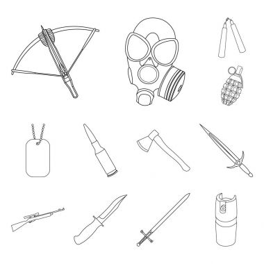 Silah türleri set koleksiyonu tasarım için simgeleri anahat. Ateşli silahlar ve kanatlı silah sembol stok web illüstrasyon vektör.