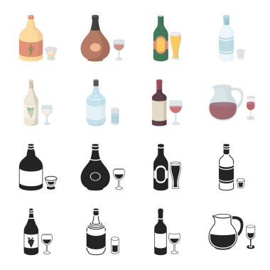 Beyaz şarap, kırmızı şarap, cin, sangria. Alkol toplama simgeler siyah, karikatür tarzı vektör simge stok çizim web içinde ayarla..
