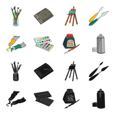 Balonchik boyalar, boya, sulu boya bir kutu içinde tüplerini mürekkep bir şişe ve bir kalem. Sanatçı ve çizim set simgeler siyah, karikatür tarzı vektör simge stok çizim web içinde.