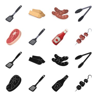 Çiğ et biftek, saplı ızgara, şişe ketçap, şiş kebap. Barbekü toplama simgeler siyah, karikatür tarzı vektör simge stok çizim web içinde ayarla..