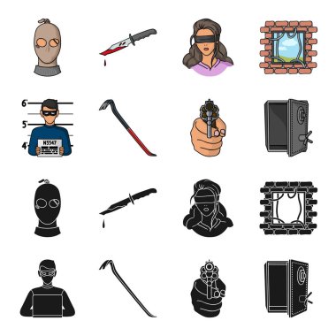 Ceza, hurda, açık güvenli, yönlü silah fotoğraf. Suç toplama simgeler siyah, karikatür tarzı vektör simge stok çizim web içinde ayarla..