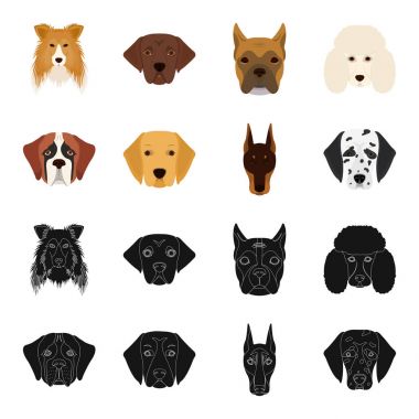 Farklı doğurmak-in köpek ağızlık. St. Bernard, golden retriever, Doberman, Dalmaçyalı doğurmak köpek toplama simgeler siyah, karikatür tarzı vektör simge stok çizim web içinde ayarla..
