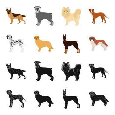 Siyah, set koleksiyonu tasarım için karikatür simgeleri köpek doğurmak. Köpek evde beslenen hayvan vektör simge stok web çizim.