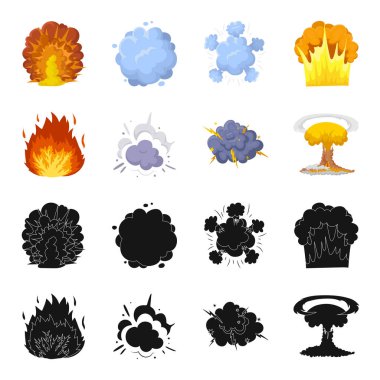 Alevi, kıvılcım, hidrojen parçaları, atom veya gaz patlaması. Patlamalar toplama simgeler siyah, karikatür tarzı vektör simge stok çizim web içinde ayarla..