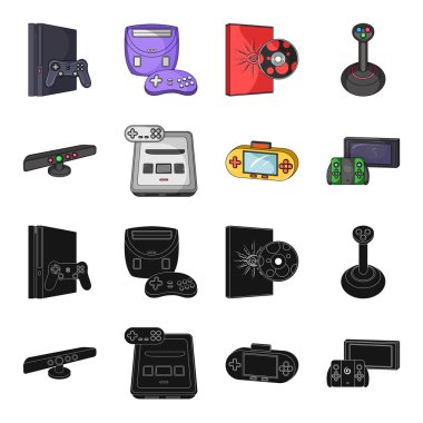 Oyun ve Tv alıcı kutusu siyah, set koleksiyonu tasarım için karikatür simgeleri. Oyun gadget'lar sembol stok web illüstrasyon vektör.