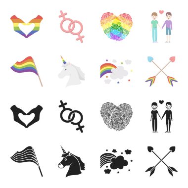 Bayrak, tek boynuzlu at sembolü, kalp oklarla. Eşcinsel toplama simgeler siyah, karikatür tarzı vektör simge stok çizim web içinde ayarla..