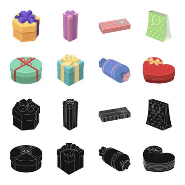Fiyonklu hediye paketi hediye kutusu. Hediyeler ve sertifikaları toplama simgeler siyah, karikatür tarzı vektör simge stok çizim web içinde ayarla.