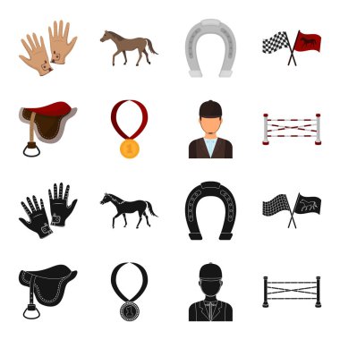 Eyer, madalya, şampiyon, kazanan. Hipodrom ve at toplama simgeler siyah, karikatür tarzı vektör simge stok çizim web içinde ayarla.