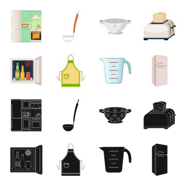 Mutfak ekipmanları siyah, set koleksiyonu tasarım için karikatür simgeleri. Sembol stok web illüstrasyon vektör mutfak ve aksesuarları.