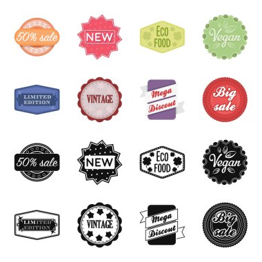 Sayılı seri, vintage, mega discont, kazmak Satılık. Etiket, toplama simgeler siyah, karikatür tarzı vektör simge stok çizim web içinde ayarla.