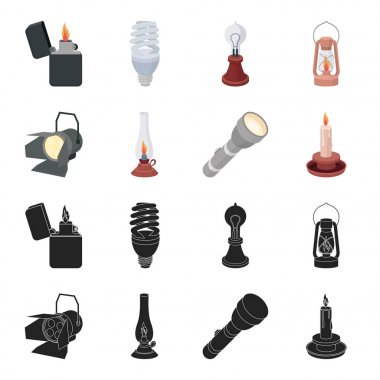 Projektör, gaz lambası, mum, el feneri. Işık kaynağı toplama simgeler siyah, karikatür tarzı vektör simge stok çizim web içinde ayarla..