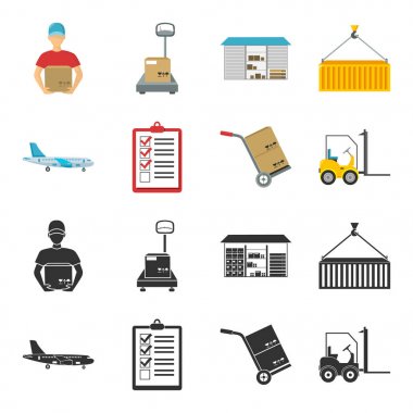 Kargo uçağı, ulaşım, kutular, istifleme makineleri, belgeler için sepeti. Lojistik, küme toplama simgeler siyah, karikatür tarzı vektör simge stok çizim web içinde.