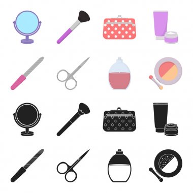 Tırnak törpüsü, makaslar, çivi, parfüm, pudra fırçası ile için. Makyaj toplama simgeler siyah, karikatür tarzı vektör simge stok çizim web içinde ayarla..