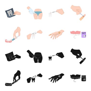 Anestezik enjeksiyon, diş enstrüman, el manipülasyon, Diş Temizleme ve diğer web simge siyah, çizgi film style.bactericidal sıva, tıp simgeler koleksiyonu ayarla.