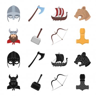 Viking boynuzları, mace, kask içinde hazine ile ok, yay. Vikingler toplama simgeler siyah, karikatür tarzı vektör simge stok çizim web içinde ayarla..