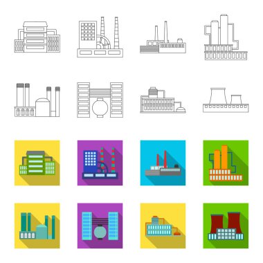 Sanayi, üretim. Fabrika toplama simgeler anahat, flet stil vektör simge stok çizim web ayarla..