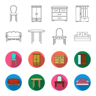 Kanepe, koltuk, Masa, ayna. Anahat, flet stil vektör simge stok çizim web mobilya ve ev interiorset toplama simgeler.