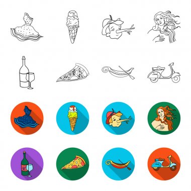 Bir şişe şarap, bir parça pizza, bir gundola, bir scooter. İtalya toplama simgeler anahat, flet stil vektör simge stok çizim web ayarla..