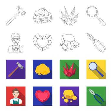Kuyumcu, pense, altın cevheri, kalp şeklinde Lal. Değerli mineraller ve kuyumcu anahat, flet stil vektör simge stok çizim web simgeler ayarla.