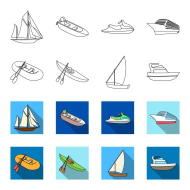 Balıkçılık Tekne, bir kayık kürek ile bir balık tutma schooner, motor yat bir lastik. Gemi ve Su ulaştırma araçları anahat, flet stil vektör simge stok çizim web simgeler ayarla.