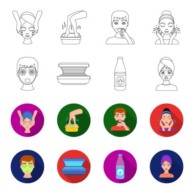 Yüz maskesi, Solaryum, şişe ts lasenom, yüzünde sivilce. Cilt Bakımı toplama simgeler anahat, flet stil vektör simge stok çizim web ayarla..