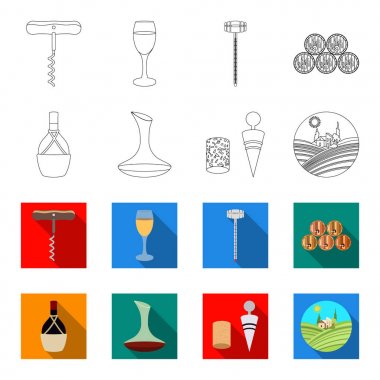Bir şişe şarap bir sepet, bir gafine, bir tirbuşon mantar, üzüm bir vadi ile. Şarap üretimi toplama simgeler anahat, flet stil vektör simge stok çizim web ayarla..