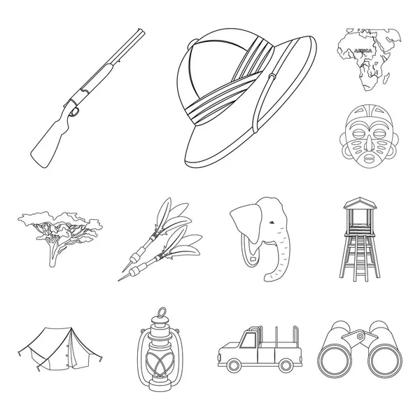 African Safari outline icons in set collection for design. Trophies and equipment for Safari vector symbol stock web illustration. — Stock Vector