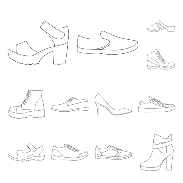 Διαφορετικά παπούτσια περίγραμμα εικονίδια στη συλλογή σετ για σχεδιασμό. Άνδρες και γυναίκες παπούτσια σύμβολο μετοχής web εικονογράφηση φορέα. — Διανυσματικό Αρχείο