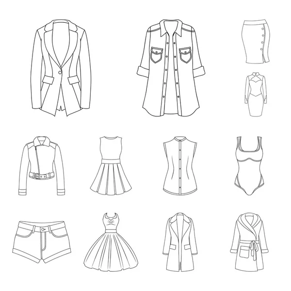 Vrouwen kleding overzicht pictogrammen in set collectie voor design. Variëteiten van de kleding en accessoires symbool voorraad web vectorillustratie. — Stockvector