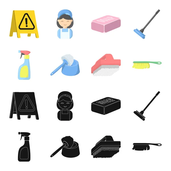 Reinigung und Dienstmädchen schwarz, Cartoon-Ikonen in Set-Kollektion für Design. Ausrüstung für die Reinigung von Vektorsymbol stock web illustration. — Stockvektor