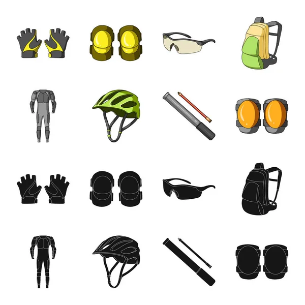 Combinaison complète pour le cavalier, casque, pompe avec un tuyau, protège-genoux. Ensemble de tenues cyclistes icônes de la collection en noir, symbole vectoriel de style dessin animé illustration web . — Image vectorielle