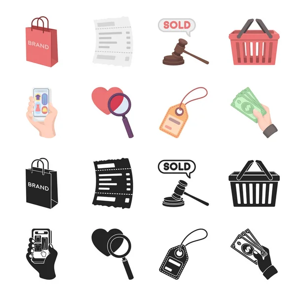 Ruka, mobilní telefon, online obchodu a dalších zařízení. E commerce sada kolekce ikon v černé, kreslený styl vektor symbol akcií ilustrace web. — Stockový vektor