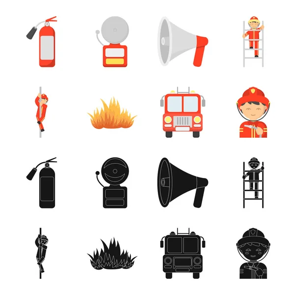 Pompiere, pompiere, camion dei pompieri. I vigili del fuoco impostano icone di raccolta in nero, stile cartone animato vettore simbolo stock illustrazione web . — Vettoriale Stock
