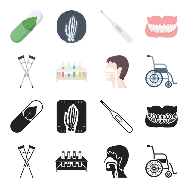 Béquille, trépied avec éprouvettes, fauteuil roulant, système respiratoire humain. Ensemble de médecine icônes de collection en noir, dessin animé style vectoriel symbole illustration web . — Image vectorielle