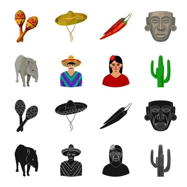 Tapir Meksika hayvan, panço, bir çiçek, bir kaktüs bir kadınla Ulusal giysileri içinde bir Meksikalı. Meksika ülke toplama simgeler siyah, karikatür tarzı vektör simge stok çizim web içinde ayarla.. — Stok Vektör