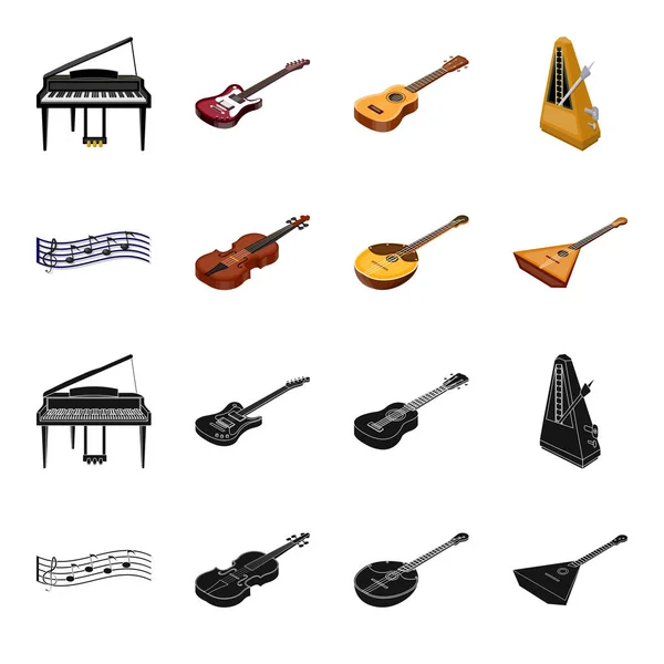 Instrumento musical preto, ícones de desenhos animados na coleção de conjuntos para design. Instrumento de corda e vento isométrico vetor símbolo web ilustração . — Vetor de Stock