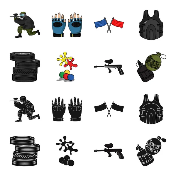 Competencia, concurso, equipo, neumáticos .Paintball conjunto de iconos de la colección en negro, caricatura estilo vector símbolo stock ilustración web . — Vector de stock