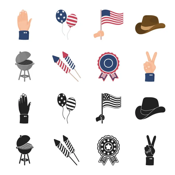 Barbecue, salute, stemmen van ebblema, overwinning. De patriot dag ingesteld collectie iconen in zwart, cartoon stijl vector symbool stock illustratie web. — Stockvector