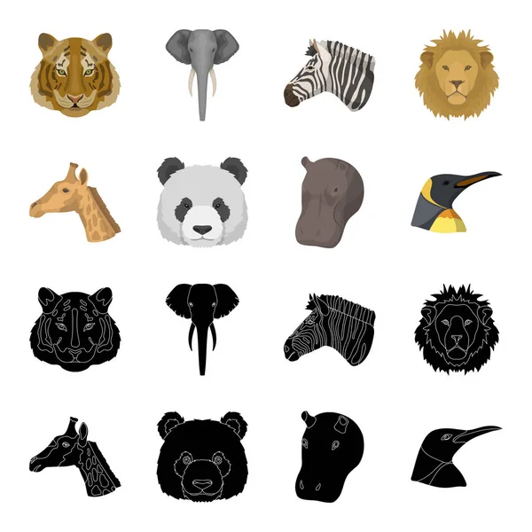 Panda, giraff, flodhäst, pingvin, realistiska djur som samling ikoner i svart, tecknad stil vektor symbol stock illustration web. — Stock vektor