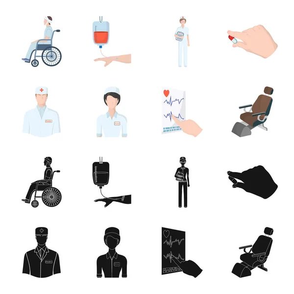 De behandelende geneesheer, de verpleegster, de cardiogram van het hart, de tandheelkundige stoel. Medicineset collectie iconen in zwart, cartoon stijl vector symbool stock illustratie web. — Stockvector