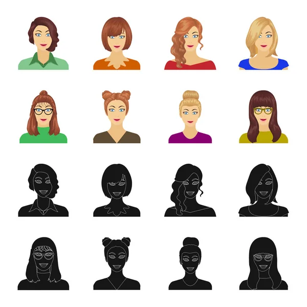 La cara de una chica con gafas, una mujer con un peinado. Iconos de colección de conjunto de cara y apariencia en negro, caricatura estilo vector símbolo stock ilustración web . — Vector de stock