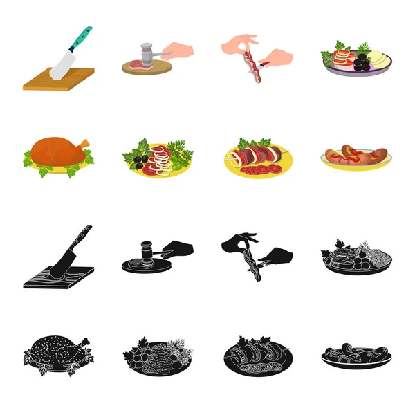 Pollo frito, ensalada de verduras, shish kebab con verduras, salchichas fritas en un plato. Comida y cocina conjunto colección iconos en negro, caricatura estilo vector símbolo stock ilustración web . — Vector de stock