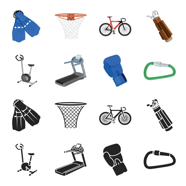 Велосипед, бігова доріжка, боксер рукавичок, замок. Спортивний набір значків колекції в чорному, мультиплікаційному стилі Векторний символ стокової ілюстрації веб . — стоковий вектор