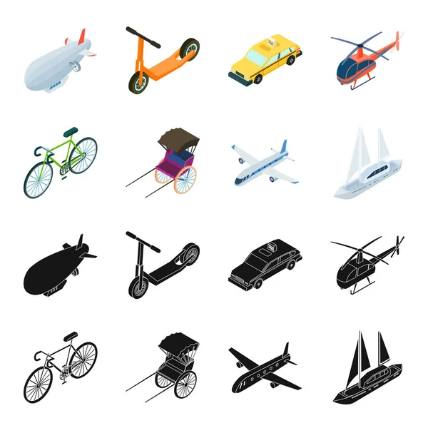 Kolo, rikša, letadlo, jachty. Dopravní nastavení kolekce ikon v černé, kreslený styl vektor symbol akcií ilustrace web. — Stockový vektor